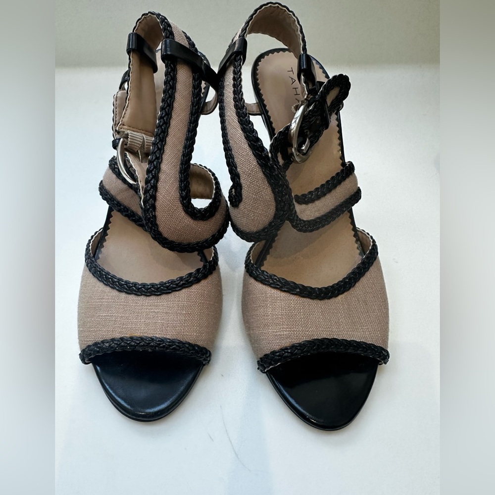 Tahari Women's Black and Tan linen Braided Sandals. Comfy